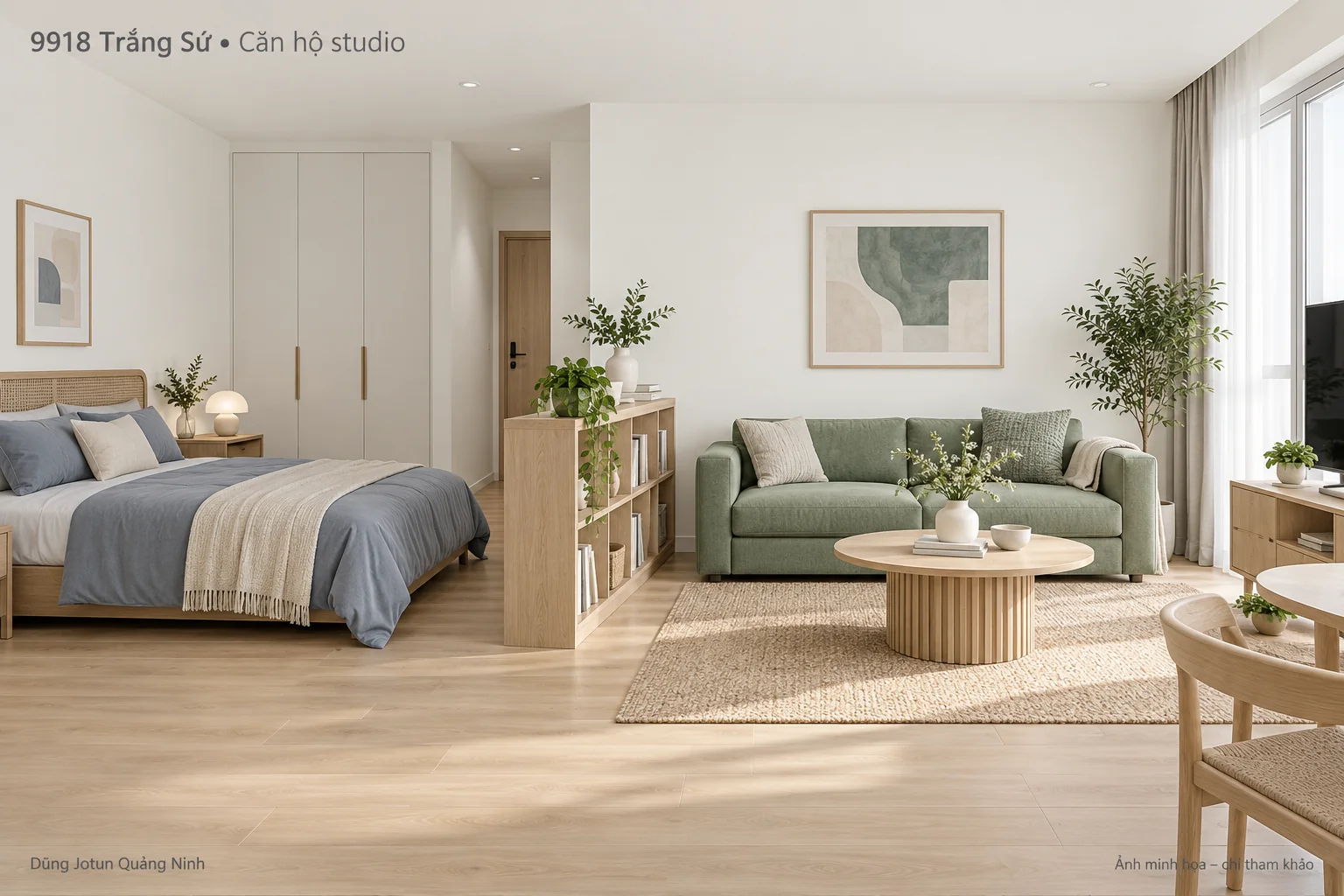 Minh họa nội thất: Căn hộ studio dùng 9918 Trắng Sứ: phân vùng mà không chia vụn