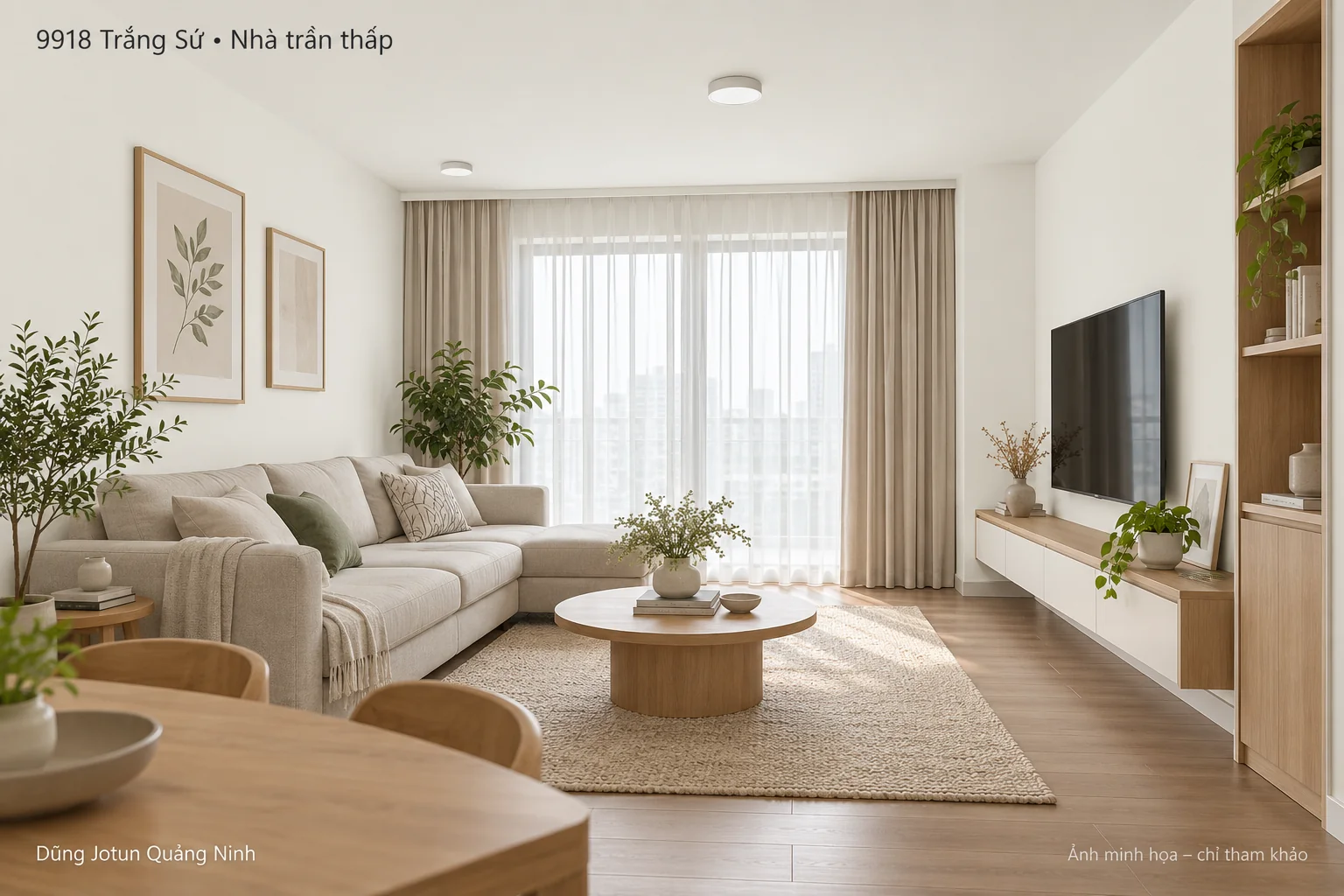 Minh họa nội thất: Nhà trần thấp sơn 9918 Trắng Sứ: phối trần, tường và rèm