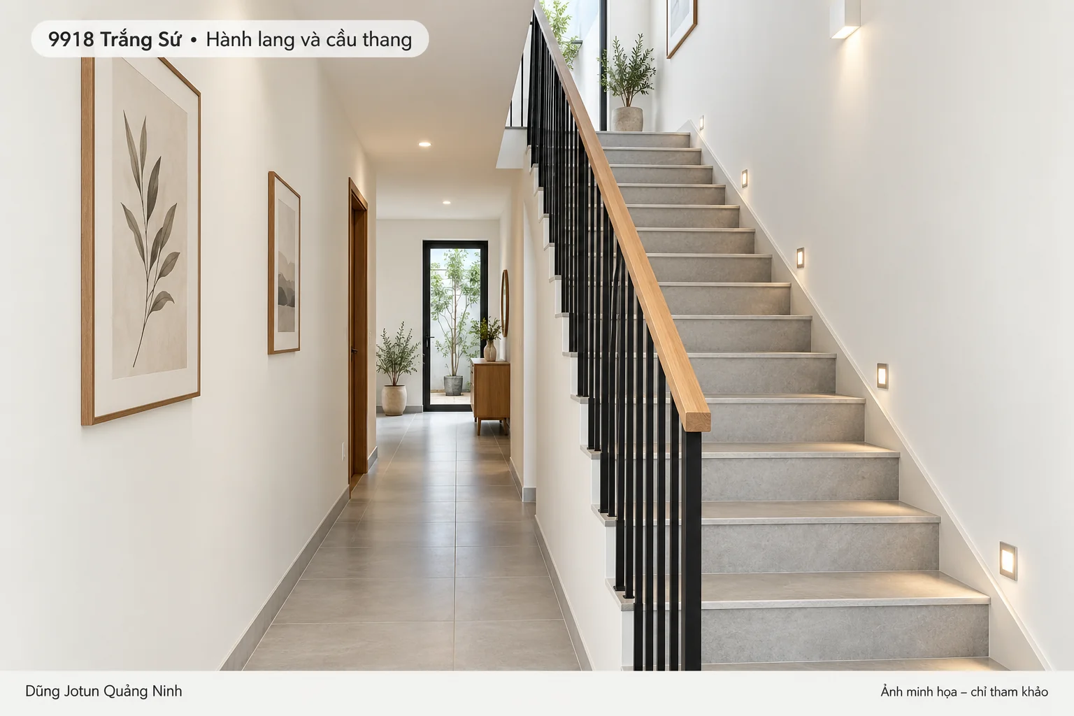 Minh họa nội thất: Hành lang, cầu thang sơn 9918 Trắng Sứ: sáng hơn nhưng vẫn rõ bậc
