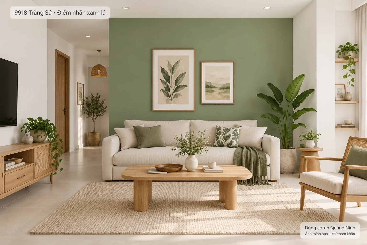 Minh họa nội thất: 9918 Trắng Sứ phối xanh lá trong nội thất: chọn mảng nhấn vừa đủ