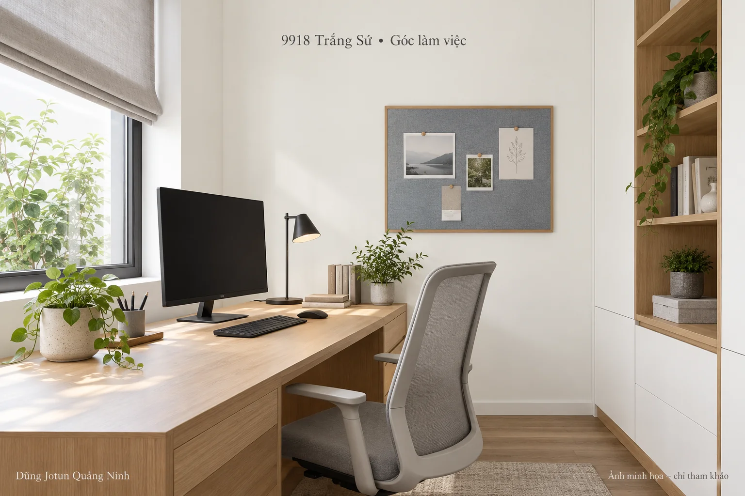 Minh họa nội thất: Góc làm việc màu 9918 Trắng Sứ: bố trí ánh sáng và nền họp trực tuyến