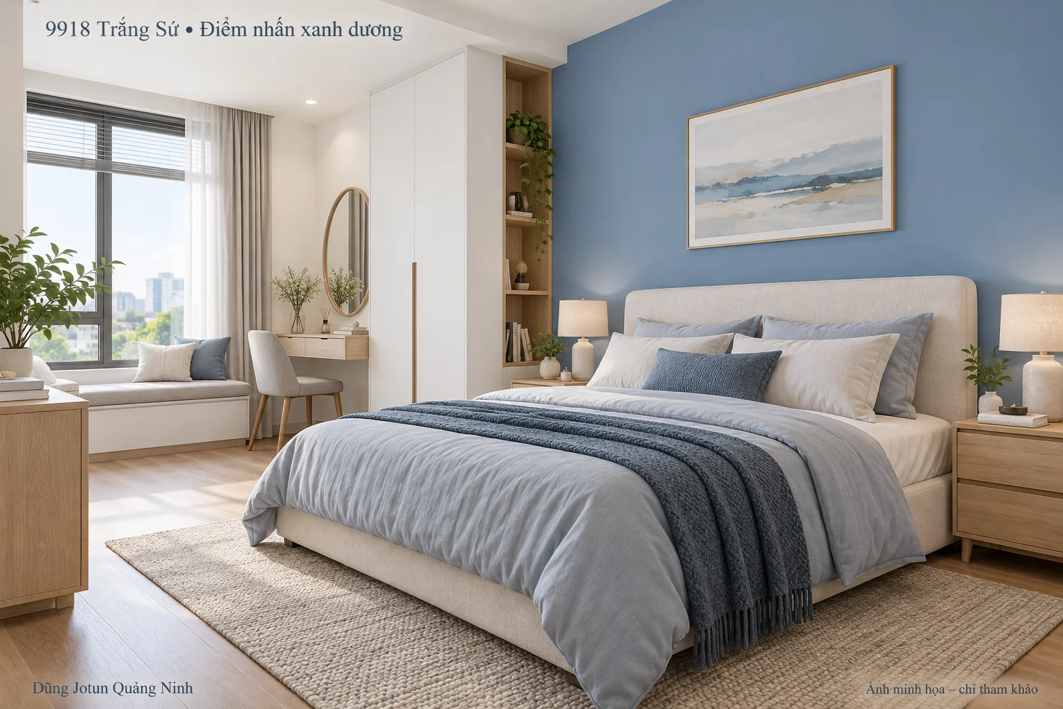 Minh họa nội thất: Phối 9918 Trắng Sứ với xanh dương: phòng ngủ dịu, phòng khách rõ nét