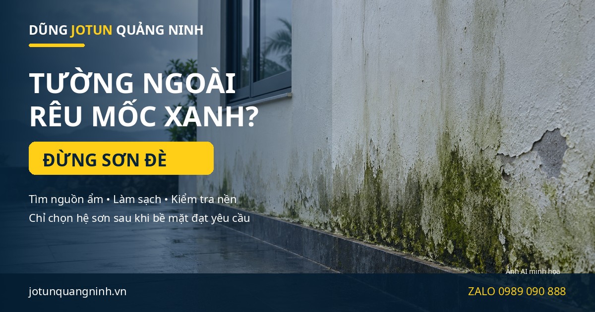 Ảnh AI minh họa tường ngoài nhà có mảng rêu mốc xanh, vệt ẩm và lớp sơn bong ở chân tường sau mưa.
