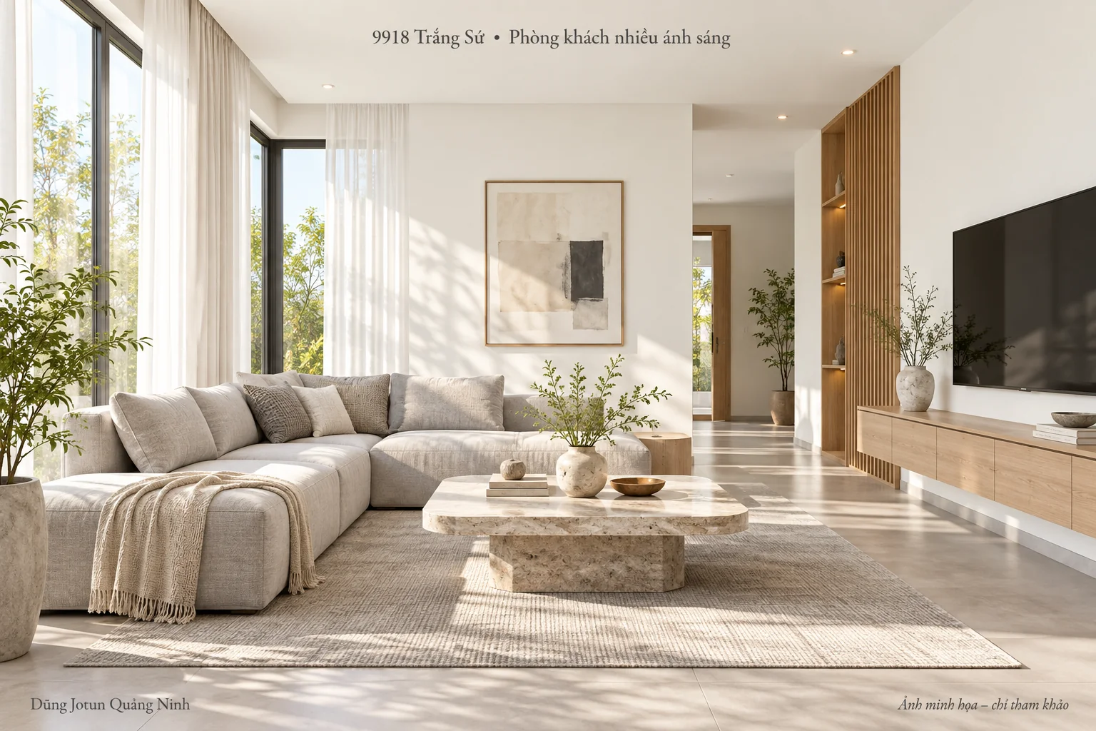 Minh họa nội thất: 9918 Trắng Sứ cho phòng khách nhiều ánh sáng: xử lý chói và phản chiếu
