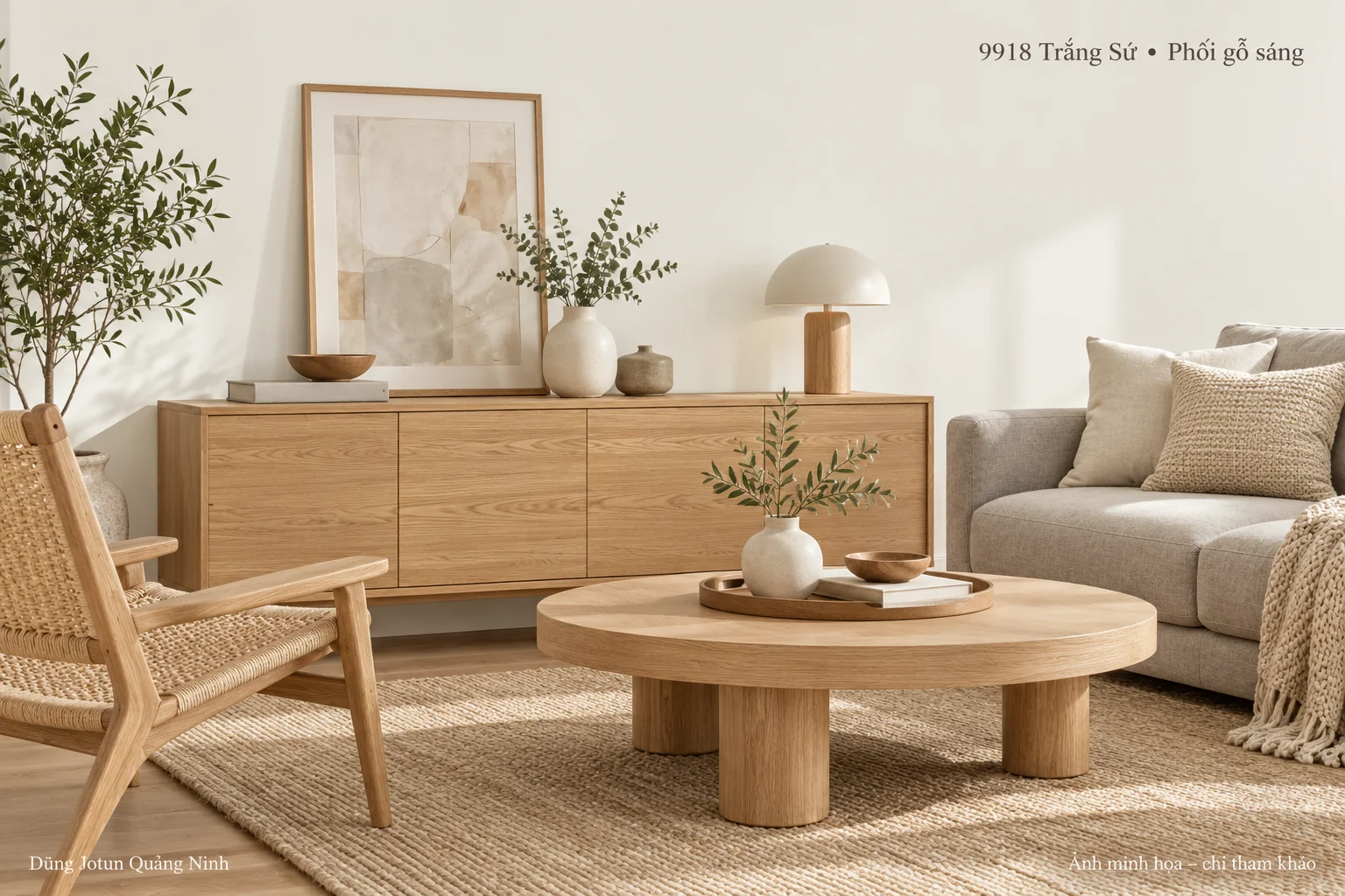 Minh họa nội thất: 9918 Trắng Sứ phối gỗ sáng: chọn đúng sắc gỗ, rèm và đồ vải