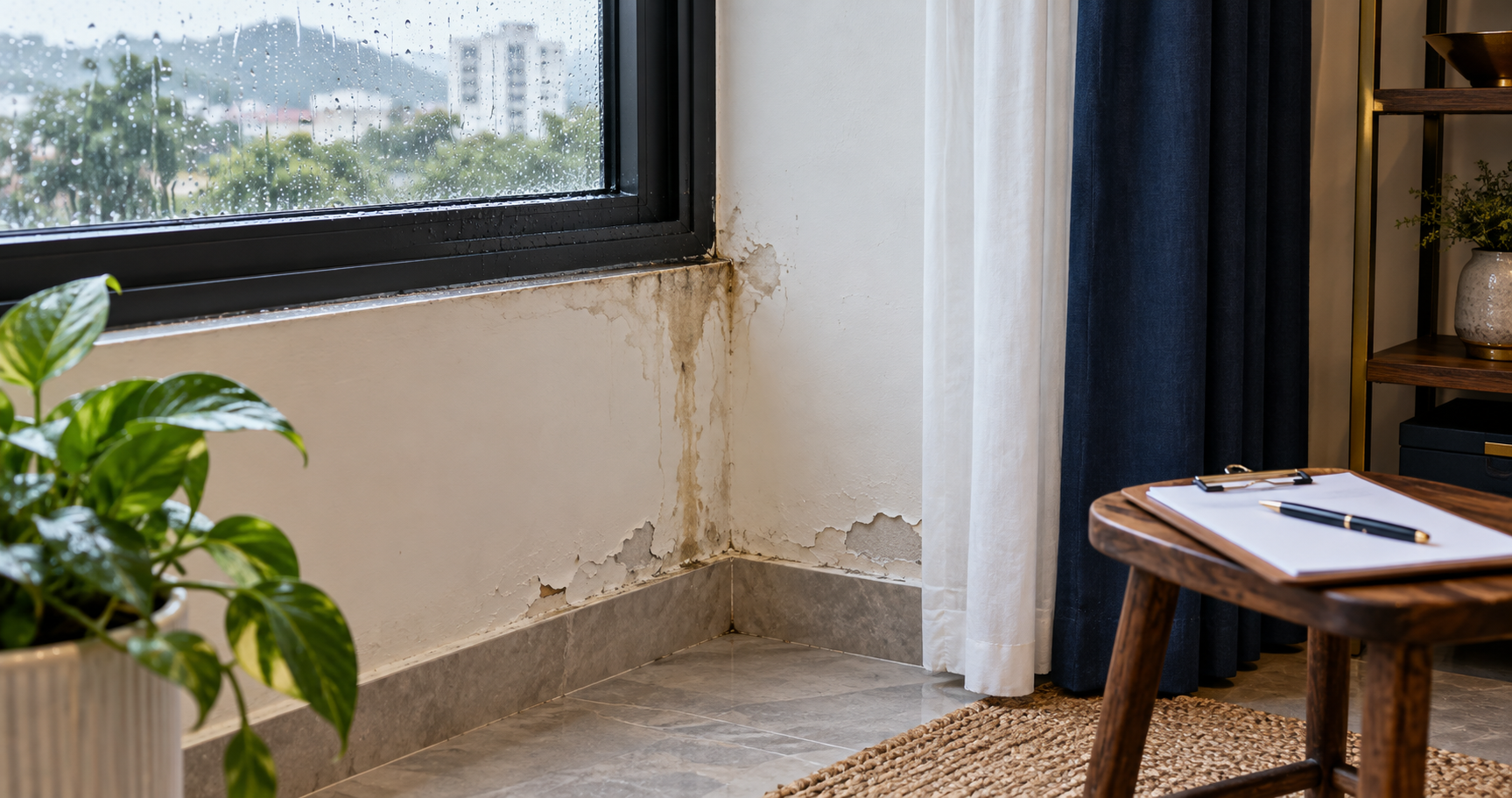 Góc tường cạnh cửa sổ có vệt ố và bong sơn trong cảnh minh họa AI