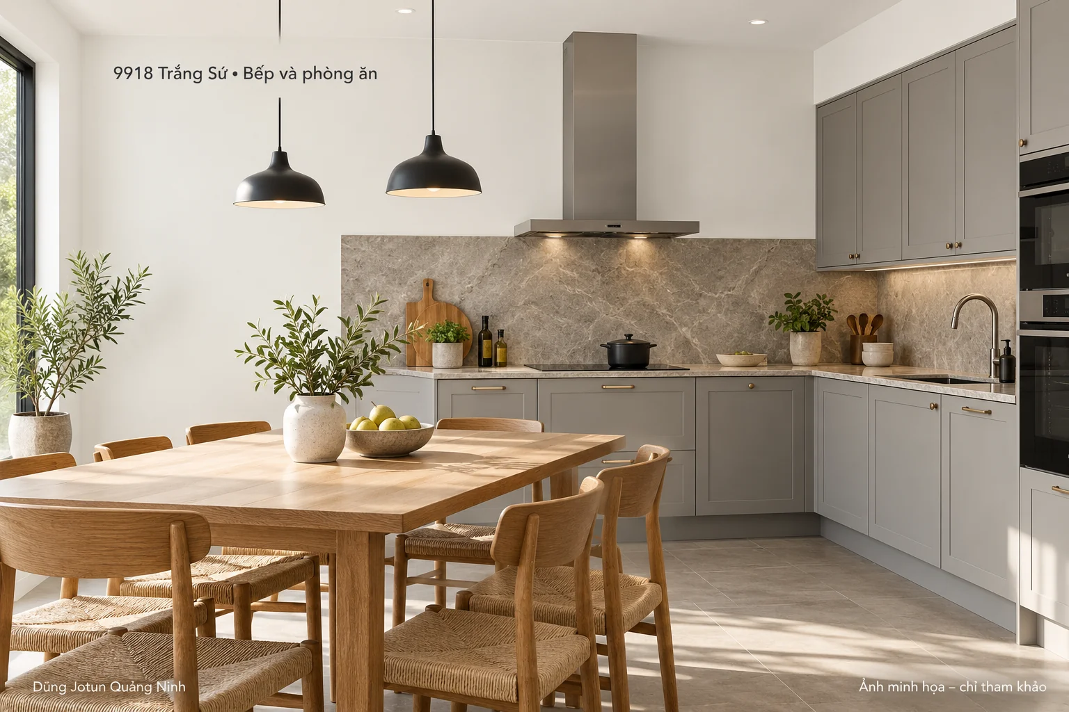 Minh họa nội thất: Bếp và phòng ăn màu 9918 Trắng Sứ: đẹp nhưng phải dễ sử dụng