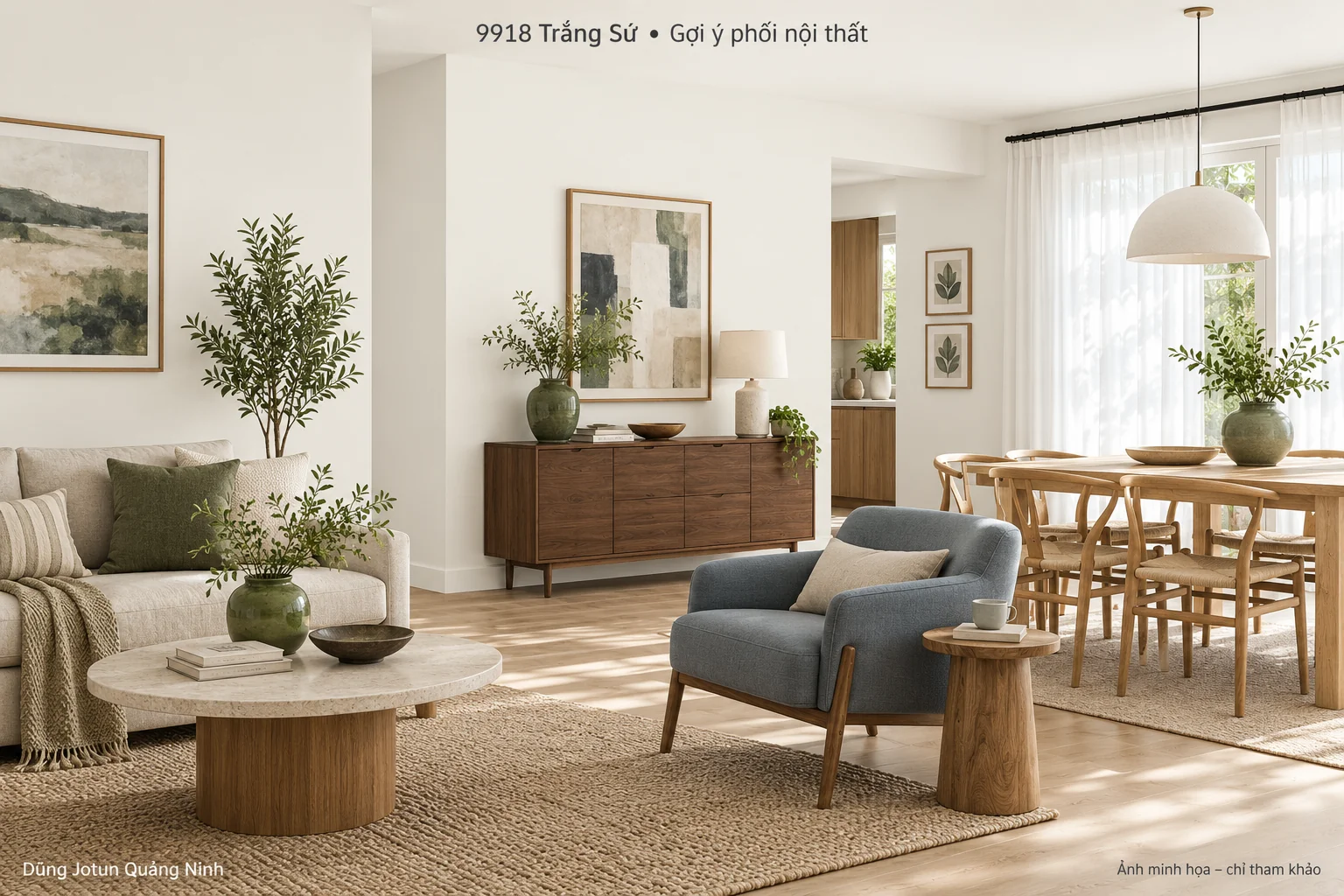 Minh họa nội thất: 9918 Trắng Sứ cho nội thất: hướng dẫn chọn phòng, phối màu và mua sơn
