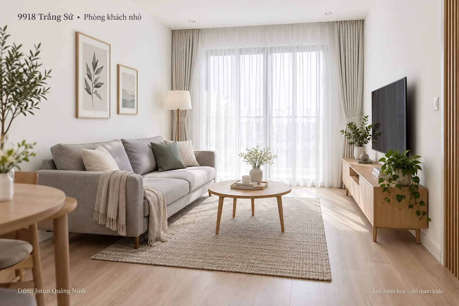 Minh họa nội thất: Sơn 9918 Trắng Sứ cho phòng khách nhỏ: sáng, gọn mà không lạnh